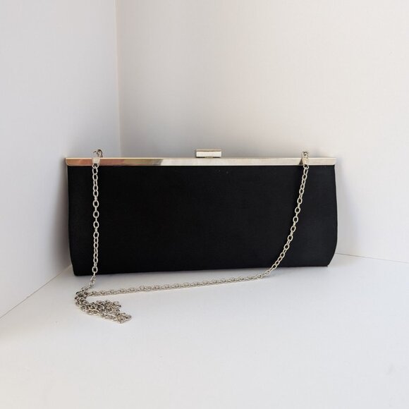Lulu Townsend black satine clutch with silver trim and bow accent. - Picture 2 of 6